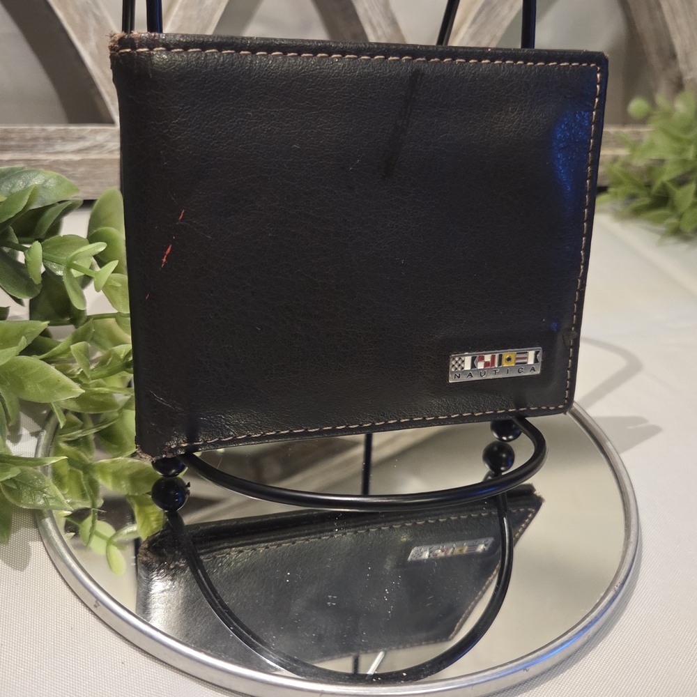 Nautica Leather Bi-Fold Wallet ⚓ Classic Black Slim Card Holder Preppy Nautical